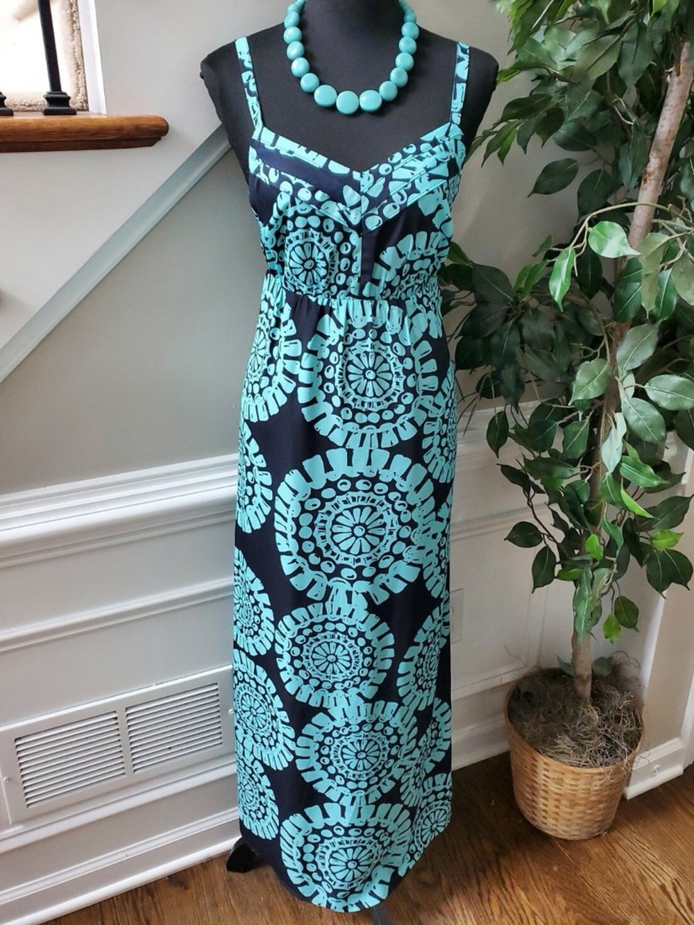 LOFT Beach Boho Feminine Maxi Sundress Dress Teal Navy Blue Women’s Size 0